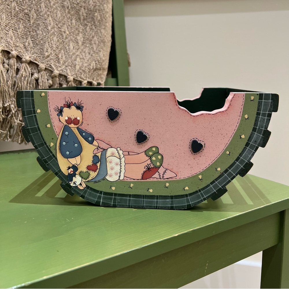 Vintage 1994 Hand-Painted Wooden Watermelon Basket Caddy Folk Art Rag Doll